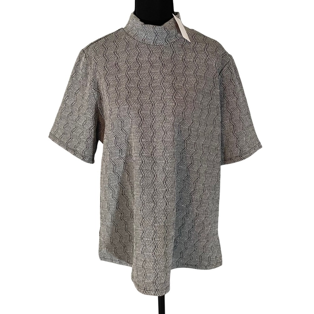 Dennis by‎ Dennis Basso Womens Silver Black Metallic Mock Neck Top Size L NWT